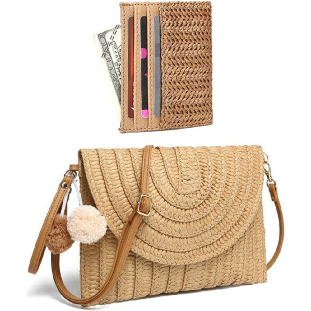 Women‎ Khaki Straw Bag and Card Holder Set Summer Beach Purse Woven Bag